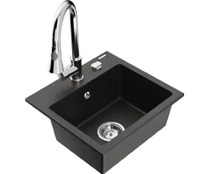Granitinė virtuvinė plautuvė Mexen Milo su maišytuvu ir sifonu, Metallic juodas/auksinis+Chrome