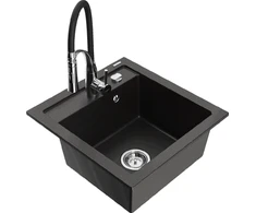 Granitinė virtuvinė plautuvė Mexen Vito su maišytuvu ir sifonu, Metallic juodas/auksinis+Juodas/Chrome