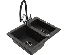 Granitinė virtuvinė plautuvė Mexen Carlos su maišytuvu ir sifonu, Metallic juodas/auksinis+Juodas/Chrome