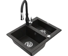 Granitinė virtuvinė plautuvė Mexen Carlos su maišytuvu ir sifonu, Metallic juodas/auksinis+Juodas