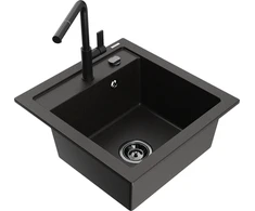 Granitinė virtuvinė plautuvė Mexen Vito su maišytuvu ir sifonu, Metallic juodas/auksinis+Juodas