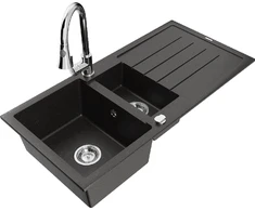 Granitinė virtuvinė plautuvė Mexen Andres su maišytuvu ir sifonu, Metallic juodas/auksinis+Chrome
