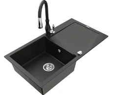 Granitinė virtuvinė plautuvė Mexen Leo su maišytuvu ir sifonu, Metallic juodas/auksinis+Juodas