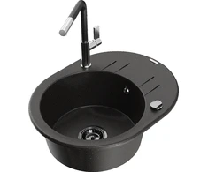Granitinė virtuvinė plautuvė Mexen Kevin su maišytuvu ir sifonu, Metallic juodas/auksinis+Juodas/Chrome