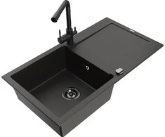 Granitinė virtuvinė plautuvė Mexen Leo su maišytuvu ir sifonu, Metallic juodas/auksinis+Juodas