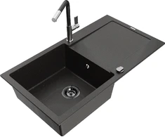 Granitinė virtuvinė plautuvė Mexen Leo su maišytuvu ir sifonu, Metallic juodas/auksinis+Juodas/Chrome