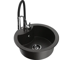 Granitinė virtuvinė plautuvė Mexen Diego su maišytuvu ir sifonu, Metallic juodas/auksinis+Juodas/Chrome