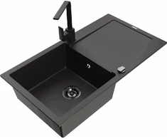 Granitinė virtuvinė plautuvė Mexen Leo su maišytuvu ir sifonu, Metallic juodas/auksinis+Juodas