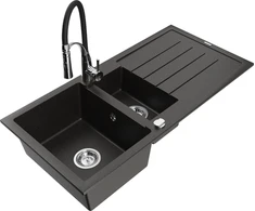 Granitinė virtuvinė plautuvė Mexen Andres su maišytuvu ir sifonu, Metallic juodas/auksinis+Juodas/Chrome