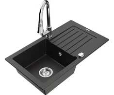 Granitinė virtuvinė plautuvė Mexen Pablo su maišytuvu ir sifonu, Metallic juodas/auksinis+Chrome