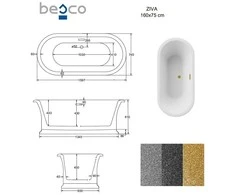 Vonia Besco Ziva Glam Graphite, 160 x 75 cm, su sifonu su persipylimu slim auksinis