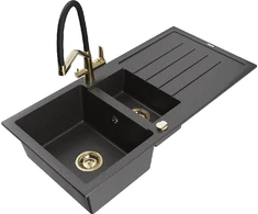 Granitinė virtuvinė plautuvė Mexen Andres su maišytuvu ir sifonu, Juodas granite+Juodas/Gold