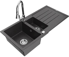Granitinė virtuvinė plautuvė Mexen Andres su maišytuvu ir sifonu, Juodas granite+Chrome