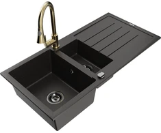 Granitinė virtuvinė plautuvė Mexen Andres su maišytuvu ir sifonu, Metallic juodas/auksinis+Gold
