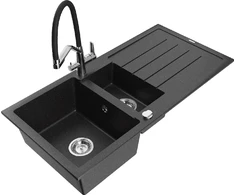 Granitinė virtuvinė plautuvė Mexen Andres su maišytuvu ir sifonu, Metallic juodas/sidabrinis+Juodas/Chrome