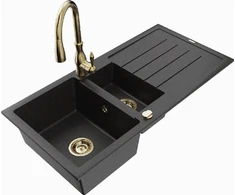 Granitinė virtuvinė plautuvė Mexen Andres su maišytuvu ir sifonu, Metallic juodas/sidabrinis+Gold