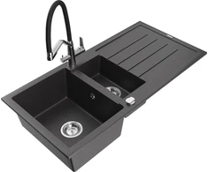 Granitinė virtuvinė plautuvė Mexen Andres su maišytuvu ir sifonu, Juodas granite+Juodas/Chrome
