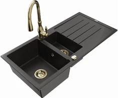 Granitinė virtuvinė plautuvė Mexen Andres su maišytuvu ir sifonu, Metallic juodas/auksinis+Gold