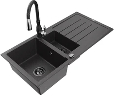 Granitinė virtuvinė plautuvė Mexen Andres su maišytuvu ir sifonu, Juodas granite+Juodas