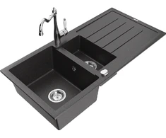 Granitinė virtuvinė plautuvė Mexen Andres su maišytuvu ir sifonu, Juodas granite+Chrome