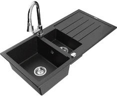 Granitinė virtuvinė plautuvė Mexen Andres su maišytuvu ir sifonu, Metallic juodas/sidabrinis+Chrome