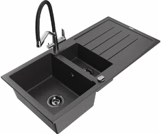Granitinė virtuvinė plautuvė Mexen Andres su maišytuvu ir sifonu, Juodas granite+Juodas/Chrome