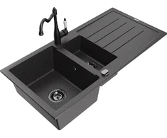 Granitinė virtuvinė plautuvė Mexen Andres su maišytuvu ir sifonu, Juodas granite+Juodas