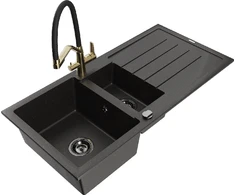 Granitinė virtuvinė plautuvė Mexen Andres su maišytuvu ir sifonu, Metallic juodas/auksinis+Juodas/Gold