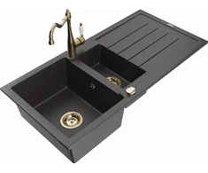 Granitinė virtuvinė plautuvė Mexen Andres su maišytuvu ir sifonu, Juodas granite+Gold