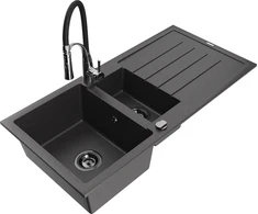Granitinė virtuvinė plautuvė Mexen Andres su maišytuvu ir sifonu, Juodas granite+Juodas/Chrome