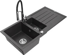 Granitinė virtuvinė plautuvė Mexen Andres su maišytuvu ir sifonu, Juodas granite+Juodas/Chrome