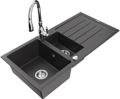 Granitinė virtuvinė plautuvė Mexen Andres su maišytuvu ir sifonu, Juodas granite+Chrome
