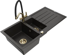 Granitinė virtuvinė plautuvė Mexen Andres su maišytuvu ir sifonu, Metallic juodas/auksinis+Juodas/Gold