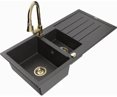 Granitinė virtuvinė plautuvė Mexen Andres su maišytuvu ir sifonu, Juodas granite+Gold