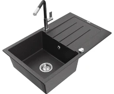 Granitinė virtuvinė plautuvė Mexen Bruno su maišytuvu ir sifonu, Juodas granite+Juodas/Chrome