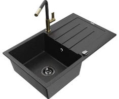 Granitinė virtuvinė plautuvė Mexen Bruno su maišytuvu ir sifonu, Metallic juodas/sidabrinis+Juodas/Gold