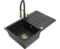 Granitinė virtuvinė plautuvė Mexen Bruno su maišytuvu ir sifonu, Metallic juodas/sidabrinis+Juodas/Gold