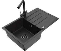 Granitinė virtuvinė plautuvė Mexen Bruno su maišytuvu ir sifonu, Metallic juodas/sliver+Juodas