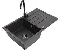Granitinė virtuvinė plautuvė Mexen Bruno su maišytuvu ir sifonu, Juodas granite+Juodas