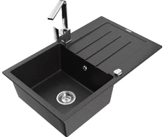 Granitinė virtuvinė plautuvė Mexen Bruno su maišytuvu ir sifonu, Metallic juodas/sidabrinis+Chrome