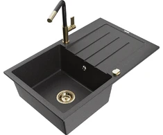 Granitinė virtuvinė plautuvė Mexen Bruno su maišytuvu ir sifonu, Juodas granite+Juodas/Gold