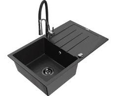 Granitinė virtuvinė plautuvė Mexen Bruno su maišytuvu ir sifonu, Metallic juodas/sidabrinis+Juodas/Chrome