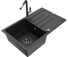Granitinė virtuvinė plautuvė Mexen Bruno su maišytuvu ir sifonu, Metallic juodas/auksinis+Juodas/Gold