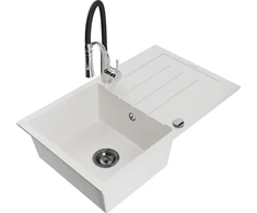 Granitinė virtuvinė plautuvė Mexen Bruno su maišytuvu ir sifonu, Baltas+Juodas/Chrome
