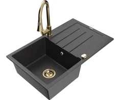 Granitinė virtuvinė plautuvė Mexen Bruno su maišytuvu ir sifonu, Juodas granite+Gold