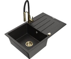 Granitinė virtuvinė plautuvė Mexen Bruno su maišytuvu ir sifonu, Metallic juodas/auksinis+Juodas/Gold
