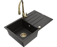 Granitinė virtuvinė plautuvė Mexen Bruno su maišytuvu ir sifonu, Metallic juodas/auksinis+Gold