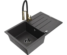 Granitinė virtuvinė plautuvė Mexen Bruno su maišytuvu ir sifonu, Juodas granite+Juodas/Gold