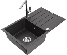 Granitinė virtuvinė plautuvė Mexen Bruno su maišytuvu ir sifonu, Juodas granite+Chrome