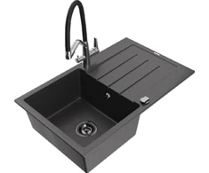 Granitinė virtuvinė plautuvė Mexen Bruno su maišytuvu ir sifonu, Juodas granite+Juodas/Chrome